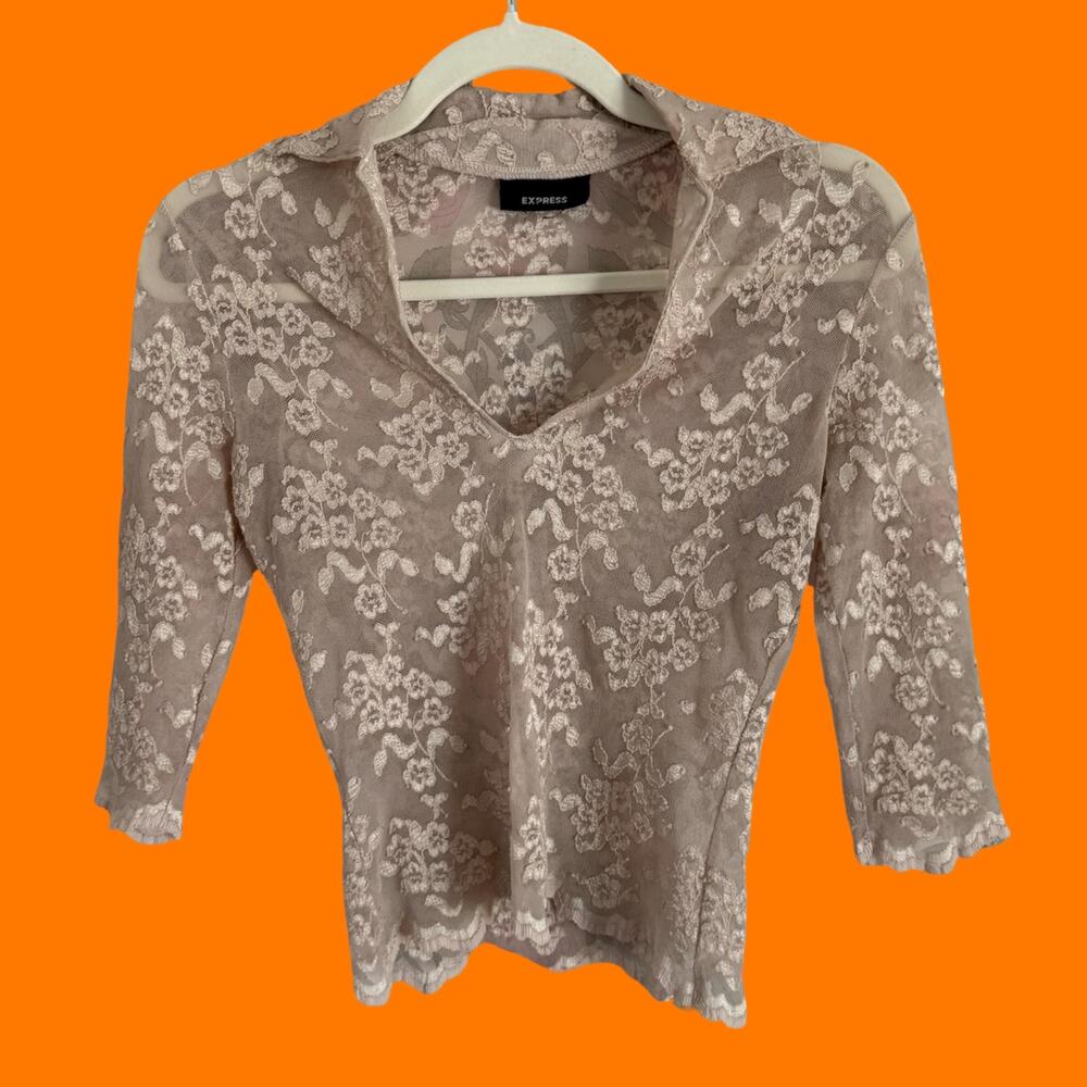 90's 00's vintage cream floral lace 3/4 sleeve bodycon y2k top XS/S express